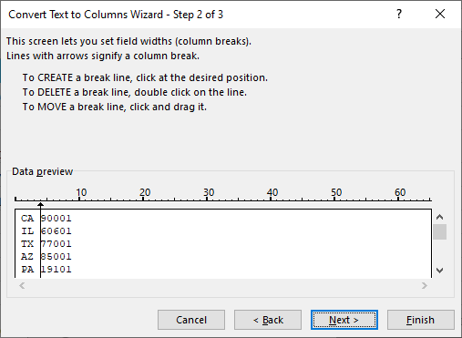Text to Columns wizard with a fixed-width split line added in the data preview