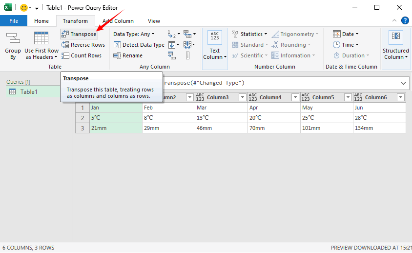 Daten über Excel Power Query transponieren