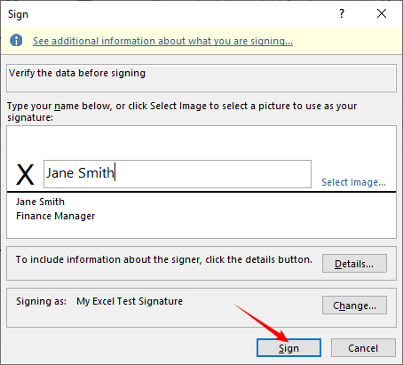 Excel-Signaturzeilendialog, der es dem Benutzer ermöglicht, einen Namen einzugeben, ein Bild auszuwählen oder eine Signatur zu zeichnen.