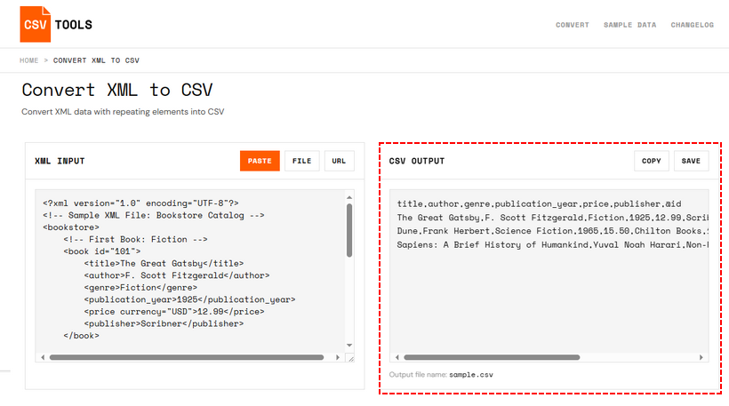 Oberfläche eines Online-XML-zu-CSV-Konverters